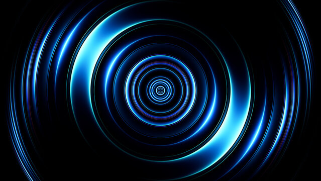 Blue neon singularity forming deep abstract circular vortex in dark space for technology concept. Glowing curved 3d lines spiral inward creating sense of motion and infinity for innovation visuals