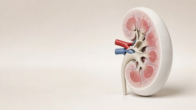 Matte white porcelain anatomical model showing internal cross section of the human kidney cortex medulla on ivory pedestal