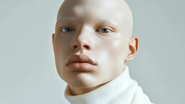 Portrait of a bald woman with full lips in a white turtleneck