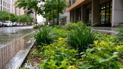 Fototapeta premium Greenery thrives in a rain soaked urban garden beside a wet city sidewalk with blurred buildings and trees in the background