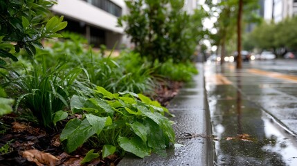 Fototapeta premium Green plants with water droplets grow along a wet sidewalk next to a city street with blurred cars and trees in the background