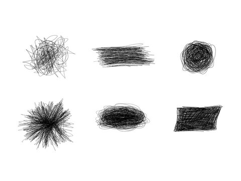 Hand-drawn pencil line art set of 6 abstract scribble textures, chaotic tangles, circular scribbles, and hatched shapes on transparent background. for mental health, stress, confusion, problem-solving