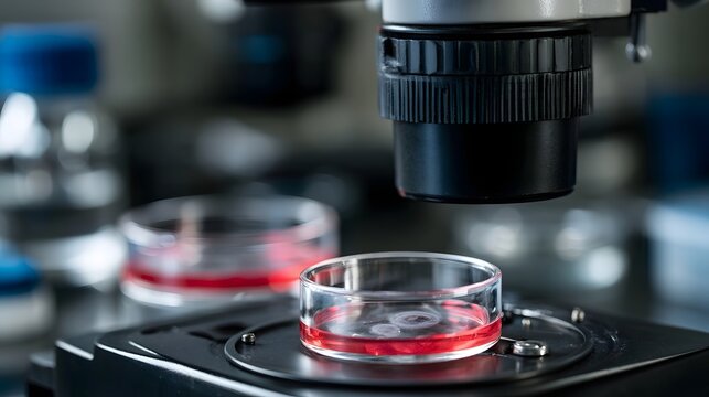 Close up of a microscope focused on a petri dish containing red liquid  with another dish blurred in the background