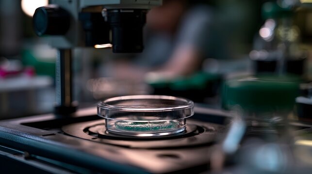 A close up view of a petri dish with green culture under a microscope in a laboratory setting