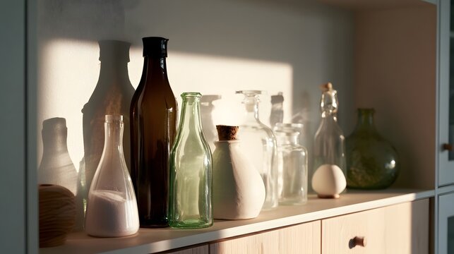 A row of glass and ceramic bottles on a wooden shelf bathed in warm sunlight  casting soft shadows on the wall behind