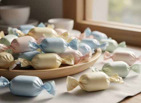 Assorted Pastel Wrapped Candies Scattered on Wooden Tray near Bright Window