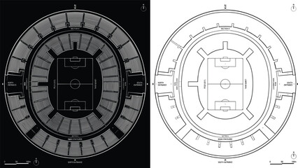 Stadium architectural layout plan vector schematic for football arena building blueprint sports facility engineering scheme map design © MSTNASIMA