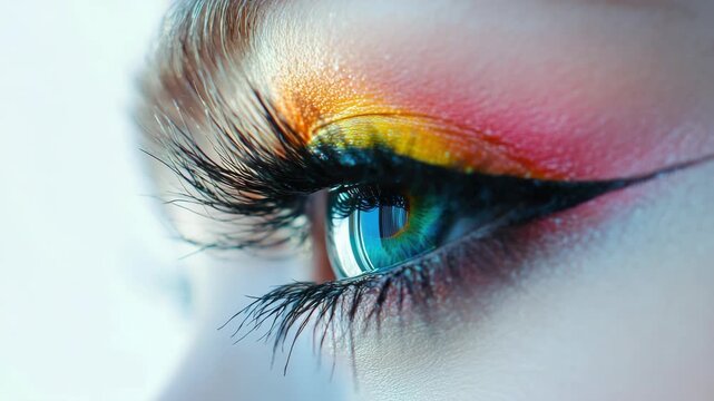Macro Close-up of Eye with Glittery Colorful Makeup