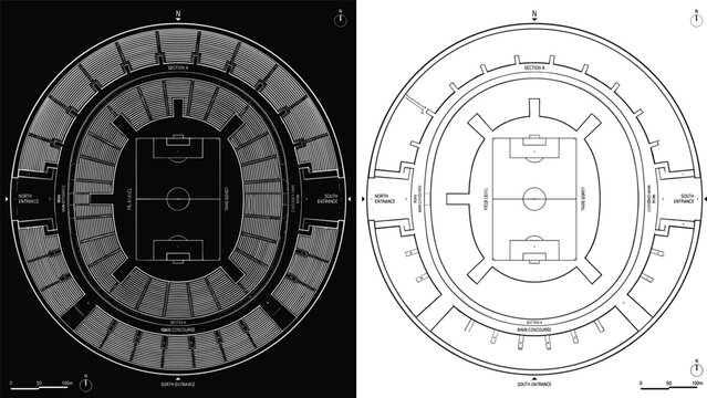 Stadium architectural layout plan vector schematic for football arena building blueprint sports facility engineering scheme map design