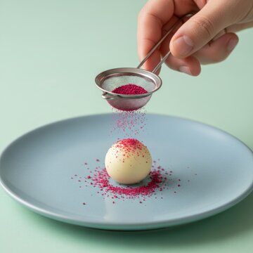 Chef Sifting Pink Berry Dust over White Chocolate Mousse Sphere on Blue Plate