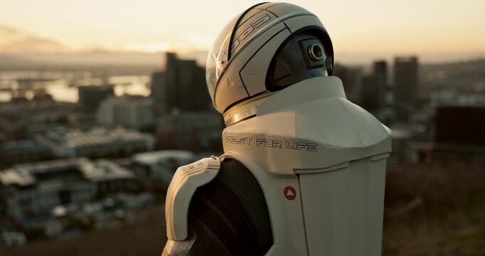 Space, travel and astronaut in city with sci fi, future dystopia and planet for discovery. Earth, aerospace mission and person in helmet on urban adventure for research, science and fantasy universe