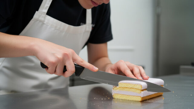 Pastry chef cutting sponge cake layer with large knife on stainless steel kitchen table