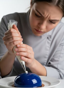 Pastry chef piping white cream onto glossy blue mirror glaze dome cake