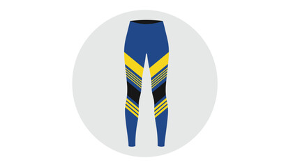 Fototapeta premium Pair of athletic leggings with blue, yellow, and black geometric pattern represents fitness fashion and activewear.