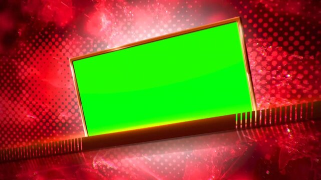 3D Folding Green Screen Media Panel Slide Deck over Red Digital News Broadcast Stage Backdrop