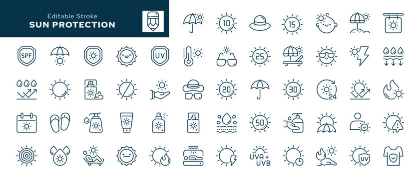 Sun protection outline icons  set. Tanning, sunscreen, UV protection,sunglasses, sunhat and more. Line icon in linear style. Vector collection