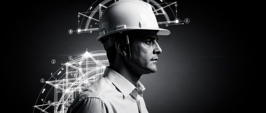 Engineer in white hard hat looking sideways with technical drawings overlay. Professional architect visualizing industrial structure details. Construction planning and engineering innovation concept.