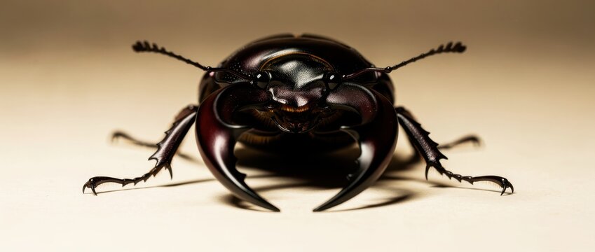 Large stag beetle with prominent mandibles on neutral background. Macro shot highlighting glossy chitinous exoskeleton and sharp pincers. Entomology concept for nature education or scientific use.