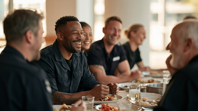 Firefighting crew gathered in a luxury station common room sharing a genuinely warm meal, a group of diverse colleagues laughing candidly around a long table, elderly retired