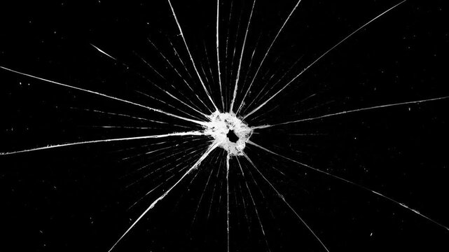 Broken cracks glass fracture effect texture isolated abstract background. Broken glass on black background. Glass is breaking. Dynamic explosion of a glass shattering on green screen  