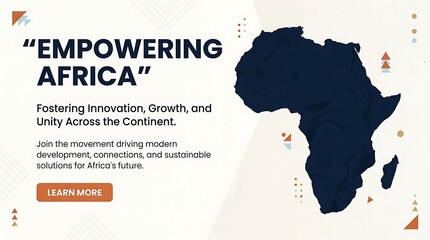 The continent of Africa is shown in dark blue on a light background with text about empowering the continent and fostering innovation, growth, and unity.