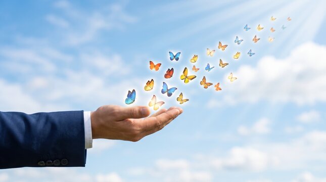 Businessman hand releasing colorful butterflies into blue sky with clouds, symbolizing freedom, transformation, and new beginnings, creative of letting go, hope, magic moment