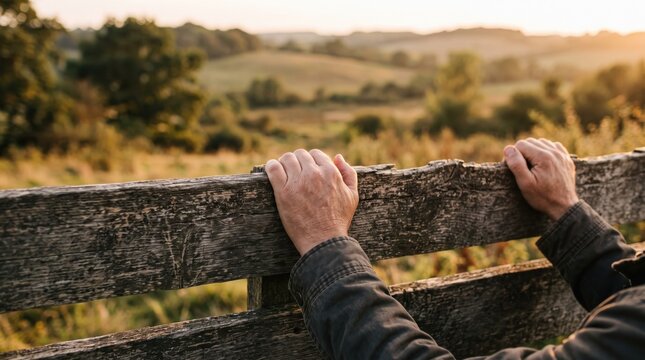 Man hands resting on old wooden fence rail looking at beautiful countryside landscape during golden hour sunset, peaceful rural nature scenery for relaxation, freedom, farming