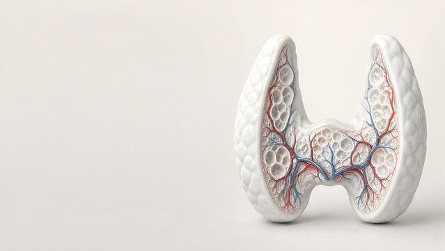 Matte white porcelain anatomical model showing internal cross section of the human thyroid colloid filled follicles