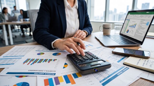 Professional female financial analyst calculating revenue performance using calculator and laptop with charts, analyzing business data, accounting reports, and market trends