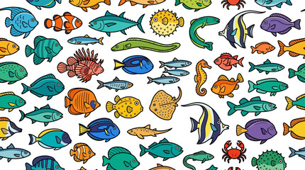 Obraz premium a lively collection of cartoon sea creatures and fish swimming together in a white background