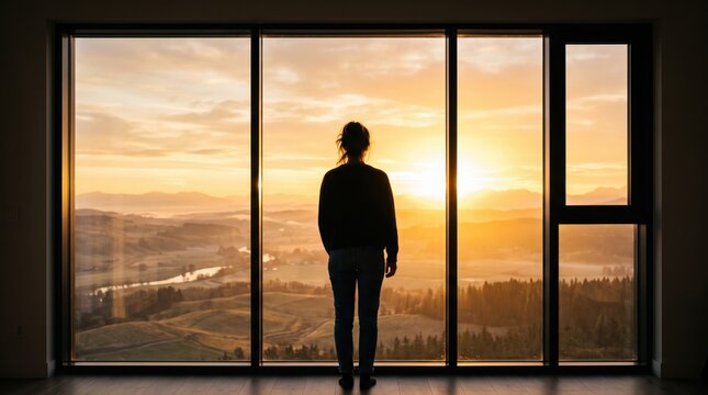 Silhouette of woman standing by large window watching beautiful golden sunset over misty valley landscape, peaceful morning sunrise view, contemplation and relaxation