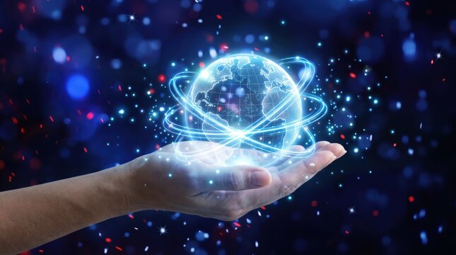 Futuristic digital earth globe held in human hand representing global network connection, glowing blue data lines surrounding planet, of worldwide communication