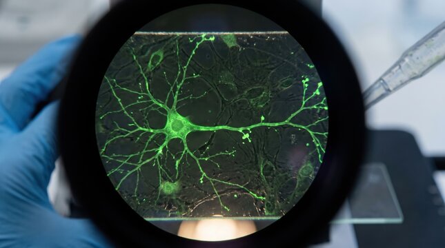 Fluorescent glowing green neuron cell seen through microscope eyepiece lens in scientific laboratory. Concept of microscope view, science lab, brain cell, fluorescence microscopy, neuroscience.