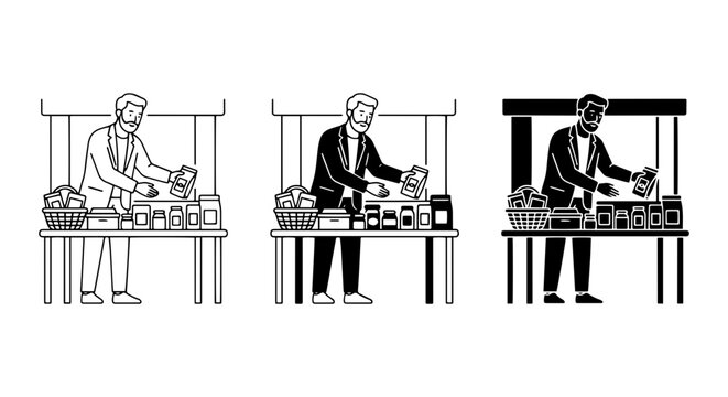 Market Vendor Selling Goods, Business Stall Owner, Retail Display Vector Set