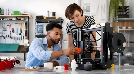 Fototapeta premium Diverse team of engineers working together on a 3D printer in a modern workshop studio.