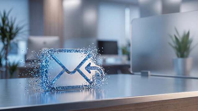 An email icon dissolving into water droplets signifies the ephemeral nature of digital communication and the potential for data loss in a modern office environment.
