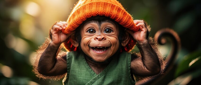 Cute baby chimpanzee wearing an orange knit hat and green vest smiling. Adorable small monkey posing in a lush jungle environment. Whimsical animal portrait for greeting cards and humor marketing.