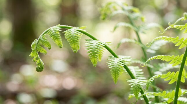Close up of fresh green fern fronds in spring forest, unfurling fiddlehead, delicate nature texture, woodland vegetation, sunlight filtering through leaves, organic growth pattern