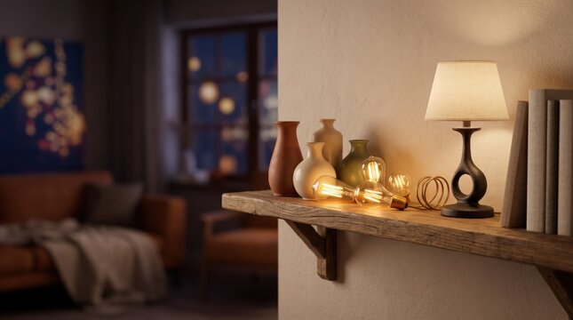 Cozy living room interior with wooden shelf displaying ceramic vases and vintage Edison light bulbs, warm ambient lighting, hygge home decor style, comfortable sofa in