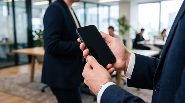 Close up of businessman hands holding black smartphone with blank screen in modern open plan office, professional communication, mobile technology usage, checking messages