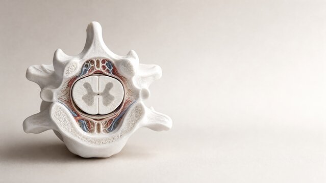 Matte white porcelain anatomical model showing cross section of the human spinal cord gray and white matter
