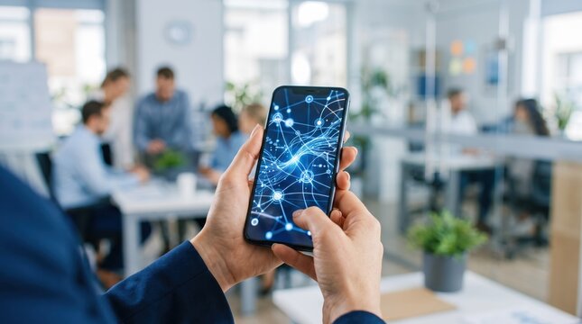 Business person holding smartphone with digital network connection graphic, modern office environment, corporate team meeting in, technology communication, global connectivity