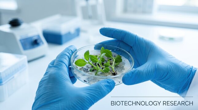 Biotechnology research scientist hands holding petri dish with growing green plant seedlings, laboratory experiment, genetic modification study, agricultural innovation