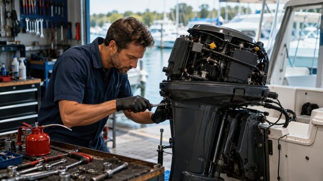Professional mechanic repairing boat outboard motor engine in marine service workshop using tools. Concept of boat maintenance. Copy space.