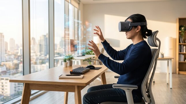 Man wearing VR headset interacting with virtual reality workspace interface in home office. Immersive technology experience, metaverse, 3D data visualization, and remote