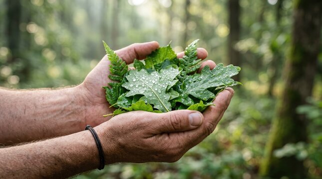 Close up of male hands gently holding fresh green leaves with water droplets in lush forest, environmental conservation and ecology, protecting nature and sustainability symbol