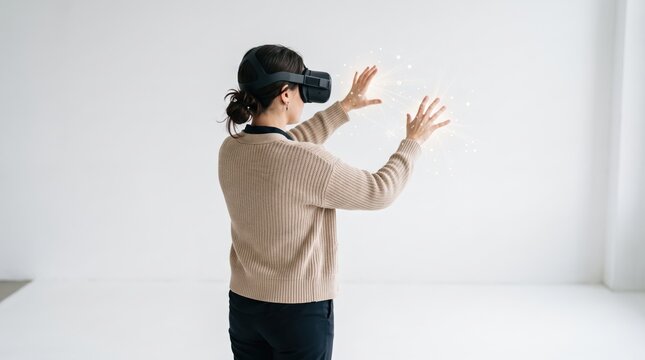 Woman wearing virtual reality headset interacting with futuristic holographic interface, exploring metaverse technology, digital transformation, innovation, future tech