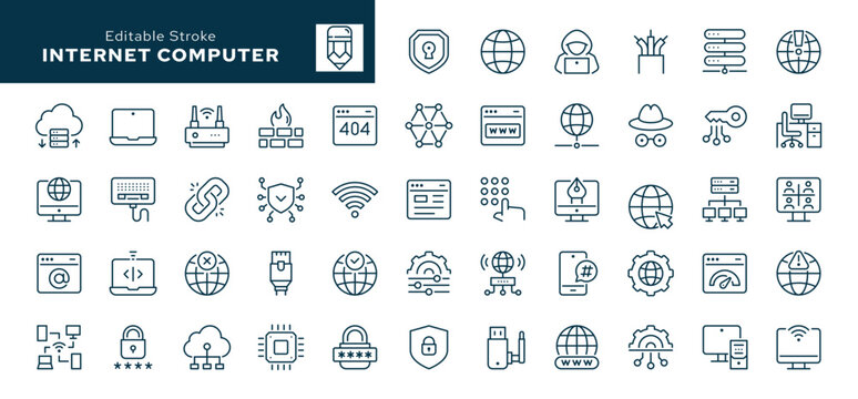 Internet computer outline icons set. Network, online, server, website, web design, programming, software, hardware and more. Line icon in linear style. Vector collection