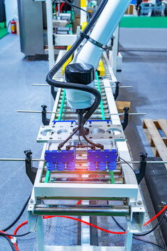 production line with automatic conveyor belt, industry track.