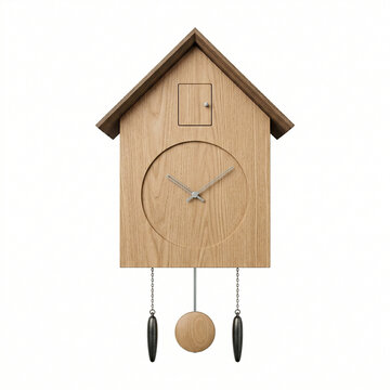 Wooden cuckoo clock in a house shape with pendulum and simple design  